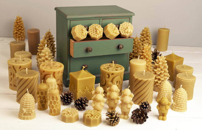 Display of pure beeswax candles from www.essex-honey.co.uk